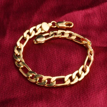 MEEKCAT 2019 Nowy 18 K czysty złoty kolor bransoletka łańcuch 8 mm 21 cm bransoletki Figaro łańcuch dla mężczyzn męska ręka łańcuch Pulseiras de Ouro
