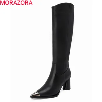 MORAZORA 2020 nowy przyjazd mody kolana wysokie buty grube, wysokie obcasy peep toe buty damskie ze skóry naturalnej buty czarny biały