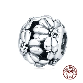 MOWIMO Daisy Flowers Charms 925 srebro koraliki okrągłe nadają oryginalny srebrny bransoletka naszyjnik dla kobiet biżuteria BKC1487