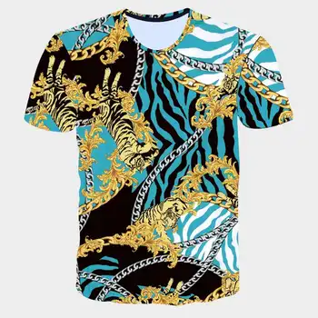 Marka odzieżowa Blue T-shirt Men Luxury Baroque T shirts Gothic 3D Golden Flower Royal Men Clothes 2019 Summer Casual Tops Tees