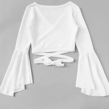 Meble T-Shirt Z Długim Rękawem Koszule Damskie Bandaże Koszulka Femme Manche Longue Solid Sexy V Neck Camiseta Mujer Verano