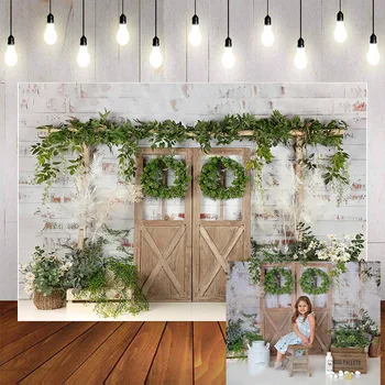 Mehofond Zielona Trawa Fotografia Tło Biały Mur Drewniane Drzwi Wystrój Baby Shower Urodziny Tło Studio Fotograficzne Rekwizyty