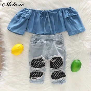 Melario odzież Dziecięca dla dziewczynek zestaw letnia moda jeansowe bezrękawniki i hollow Spodnie 2 szt. dziewczyna odzież Dziecięca odzież Dziecięca