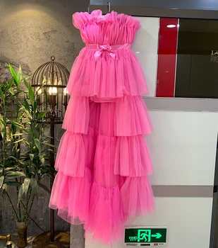 Moda Różowy Kaskadowy Potargane Sukienka Kobiety Sexy Bez Ramiączek Cebula Wysoka Talia Podłogi Suknia Wieczorowa Pasa Startowego Kobieta 2020 Nowy