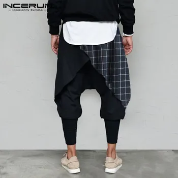Modne patchwork spodnie INCERUN mężczyźni elastyczny pas spodnie wypoczynek komórkowe luźne spodnie retro temat spadek krocza majtki