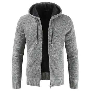 Męski zimowy sweter płaszcz gruby ciepły sweter z kapturem, swetry mężczyźni paski kaszmir wełna wkładka zamek polar płaszcz odzież wierzchnia