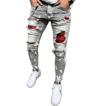 Męskie pikowane haftowane dżinsy Skinny jeans Podarte siatki stretch denim spodnie osób elastyczny pas patchwork jogging spodnie jeansowe