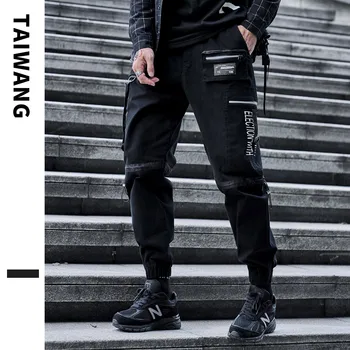 Mężczyźni Czarna Meble Odzież Spodnie Mężczyźni Bawełna Klub Nocny Hip Hop Męskie Джоггеры Spodnie Fitness Taśmy Sportowe Spodnie Spodnie Cargo