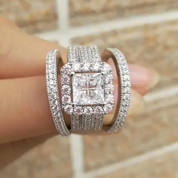 Newshe 3szt obrączki dla kobiet stałe 925 srebro pierścionek zaręczynowy Ślub zestaw krzyż Księżniczka wyciąć Цирконы biżuteria