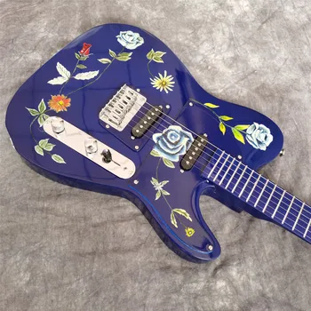 Niebieska 6-sekcję ciągu gitara elektryczna , prawdziwa ręcznie malowane kwiaty na ciele , niebieski gryf i głowa , piękna gitara