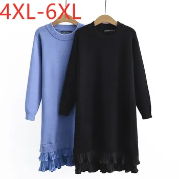 Nowe panie jesień zima plus size sukienka sweter dla kobiet duże długi rękaw temat bezpośrednie wzburzyć czarny niebieski strój 4XL 5XL 6XL