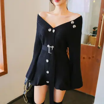 Nowy koreański styl biurowy kobieca sukienka damska V-neck dwurzędowy talia slim вязаное sweter sukienka mini sukienka Sexy odzież uliczna