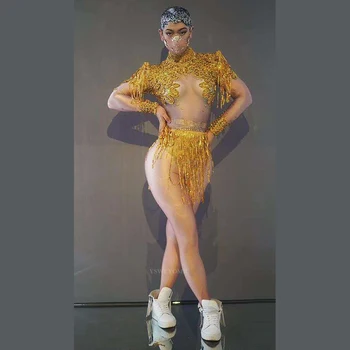 Nowy styl migający Srebrne cekiny frędzle rhinestone elastan body kobiety tancerz pokaz nosić wysoki dekolt strój wieczorowy urodziny odzież