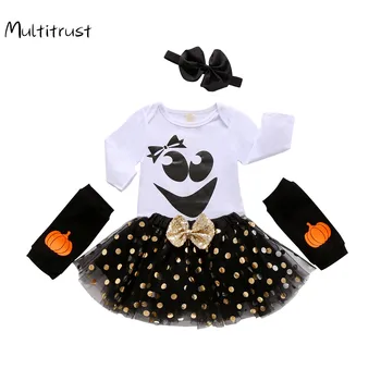 Odzież dla dzieci na Halloween 4 szt. kwiatowy print okrągły dekolt z długim rękawem baby body+ spódniczka+ opaska+ Ft pokrywa