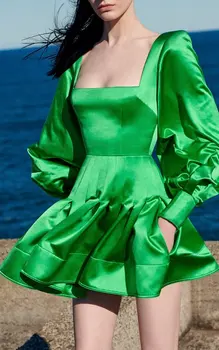 Panie Zima Sexy Zielony Kwadratowy Kołnierz Długi Lampa Rękawa Mini Opaska Elegancki Wieczorna Impreza Klubowa Sukienka