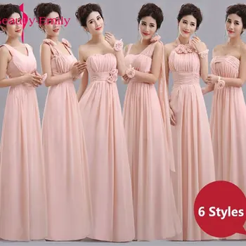 Piękno-Emily Tanie Długie Szyfonowe Róż Różowe Sukienki Druhny 2020 A-Line Vestido De Festa De Casamen Formalne Sukienki Na Studniówkę Partii