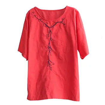 Plus rozmiar damska bluzka bawełna bluzka letnie damskie bluzki na co dzień haft wysokiej jakości z krótkim rękawem kolor czerwony 4XL