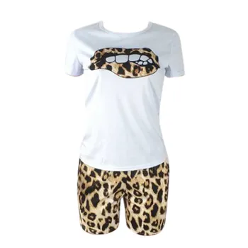 Plus rozmiar strój sportowy dla kobiet z dwóch części zestawy Leopard Lip koszulka top i szorty dresy lato plaża odzież casual 2 szt.