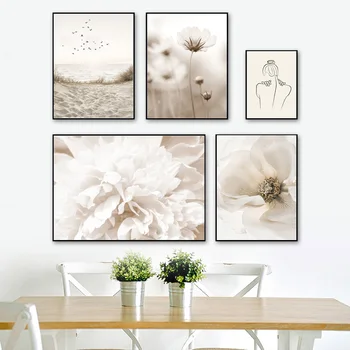 Ptaki Na Plaży Fala Morska Gwiazda Bloom Flower Wall Art Print Canvas Painting Line Nordic Poster Decor Pictures For Living Room