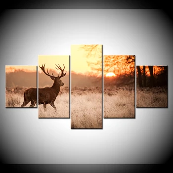 Płótno Malarstwo jeleń pod świtem piękne krajobrazy 5 sztuk ścienny art malarstwo modułowe tapety plakat drukowanie, domu wystrój