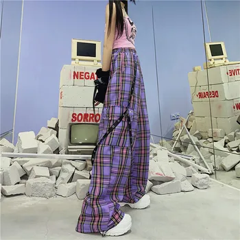QWEEK Punk Harajuku komórkowe spodnie Damskie gotyckie hippie komórkowe spodnie hip-hop spodnie-cargo indie estetyczne 2000-tych koreańskich szerokie spodnie
