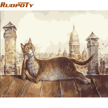 RUOPOTY Frame Cat Animal DIY Painting By Numbers Kits akrylowa kolorowanie według numerów nowoczesny ścienny art obraz do dekoracji wnętrz, 40x50cm