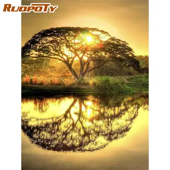 RUOPOTY Painting By Numbers For Adults Sunset River Landscape Paint Kits For Modern Home Decoration Wall Pictures Digital Gift