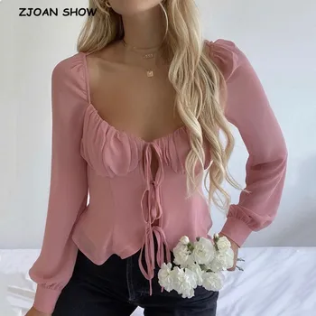 Retro kwadratowa szyi krzyż sznurowanie перевязанная koszula z bujną rękawem różowy sexy kobiety Kwiat krawat wąski, krótki szyfonowa bluzka bluzki