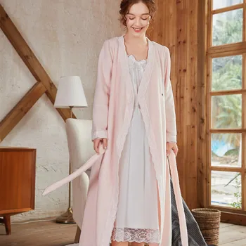 Roseheart Winter Luxury Pink Blue Pajama Sexy Women Robe Koronkowa Bielizna Piżamy Flanelowe Piżamy Plus Rozmiar Tkaniny Szlafrok