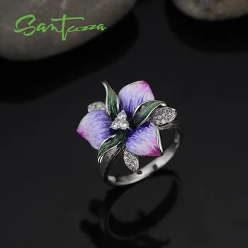 SANTUZZA pierścień ze srebra próby 925 dla kobiet kolorowe szkliwo kwiat błyszczący niebieski nano Biały cyrkonia moda wykwintne biżuteria