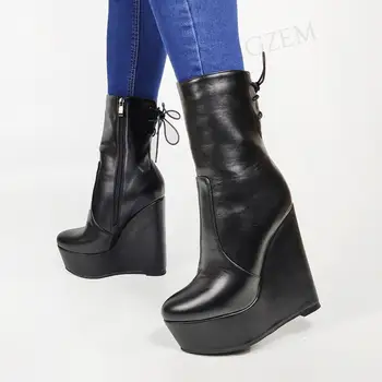 SEIIHEM SUPER Women Ankle Platform kliny buty wysokie obcasy, krótkie botki pracy ręcznej czarny buty damskie damska rozmiar 43 44 47 50 52