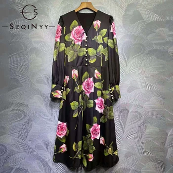 SEQINYY Vintage Midi Dress lato wiosna nowy design moda kobiety pas droga startowa wysokiej jakości róże kwiaty do wydruku guziki, elegancki