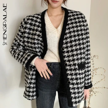 SHENGPALAE 2021 koreańskiej zimowa damska kurtka V-neck jednorzędowy gruby czarno-białą kratę z długim rękawem płaszcz ZC136