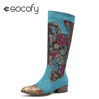 SOCOFY kobiety elegancki styl buty kwiat łączenie kwiatowy tłoczone skóra naturalna casual outdoor połowy łydki buty Botas Mujer 2020
