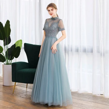 SSYFashion New Banquet elegancka sukienka z wysokim dekoltem i krótkim rękawem cekiny koraliki A-line outlet suknie wieczorowe Vestido De Noche