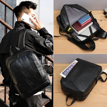 Scione Męski plecak sztuczna skóra wodoodporna USB ładowanie łatwość czarne tylne torby laptopa podróży szkoła otwarty plecak osób