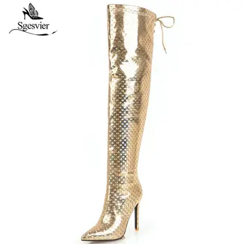 Sgesvier jesień zima brokat błyszczy tkaniny, ostrym nosem nad kolanem buty srebro złoto damskie buty zamek długie buty OX956