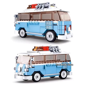 Sluban B0707 Fit City Series Speed Blue T1 Van Minibus Bus Set Cat Mini Figure Educational Building Blocks Toy for Children Gift