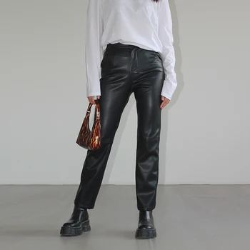 Spodnie damskie czarne spodnie ze sztucznej skóry PU ołówek spodnie meble Sexy moda elegancki Wysoka Talia proste spodnie Damskie