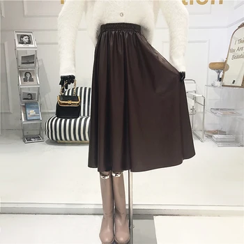 Spódnica z imitacji skóry z wysokim stanem damska 2020 jesień nowa trapezowe spódnica do połowy łydki wzór pu skóra Faldas Largas Mujer koreański styl