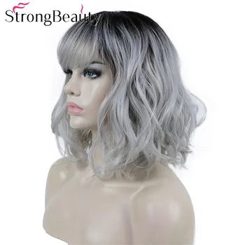 StrongBeauty falowane peruki z grzywką średniej długości siwe włosy z ciemnymi korzeniami premium syntetycznych żaroodporne Wowen peruka
