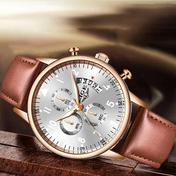 Super piękne różowe złoto męskie zegarki najlepsze marki luksusowych skóra wodoodporny zegarek Kwarcowy LIGE mężczyźni Sport data męski chronograf