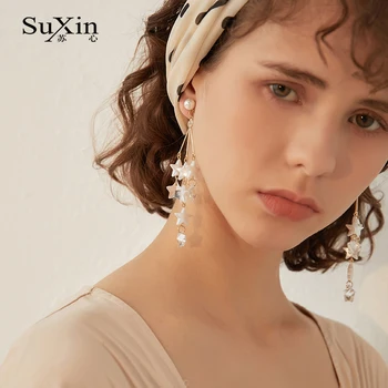Suxin kolczyki 2020 nowy prosty pięcioramienna gwiazda pędzelkiem temperament kolczyki dla kobiet długie koraliki kolczyki biżuteria prezent