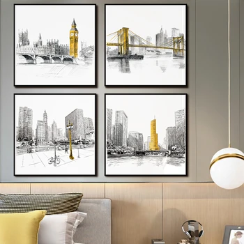 Słynna architektura płótno Malarstwo ścienne sztuka czarno biały plakat Big Ben, most Brooklyn Sears Tower obrazy dekoracje do domu