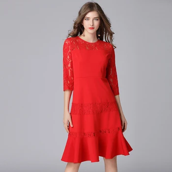 TAOYIZHUAI 2019 nowa dostawa Wiosna stylu casual O-neck Syrena stretch plus rozmiar Czerwony hollow Сплайсированные kobiety sukienka 16028