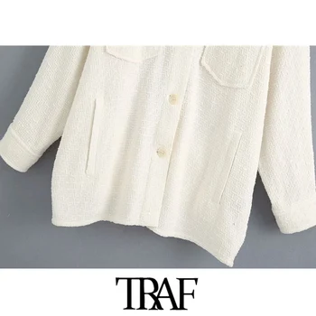 TRAF odzież damska z kieszeniami przewymiarowane tweedowa marynarka płaszcz vintage z długim rękawem na guziki Damskie kurtki eleganckie bluzki