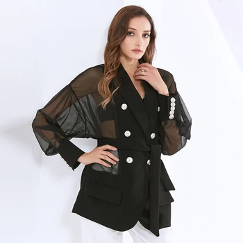 TWOTWINSTYLE See Through Black Jacket For Women pasek długi rękaw koronki dorywczo marynarka damska 2020 moda odzież nowa Tide