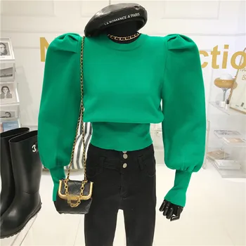 Temperament sweter damski Jesień/Zima 2020 moda okrągły dekolt rękawy puff pokaż slim top