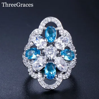 ThreeGraces 5 Color Wedding Luxury Ring for Women Light Blue CZ Stone Big Flower Rings Jewelry Bridal Engagement Party RG001