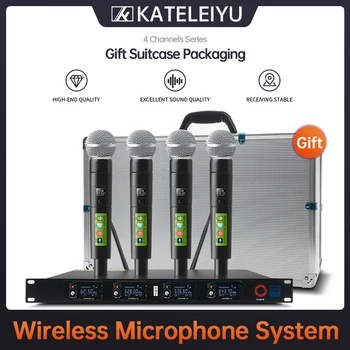 Top Professional 4 Channel, UHF Wireless karaoke Microphone System with carry case handhled MIC for Stage Church wedding